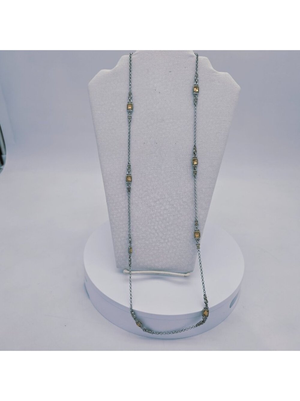 Silver & Gold-Tone Long Chain Necklace Toggle Clasp Geometric Crystal Accents